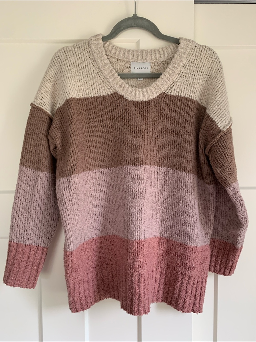 {Pink Rose} Colorblock Crewneck Sweater - Pink/Brown/Cream